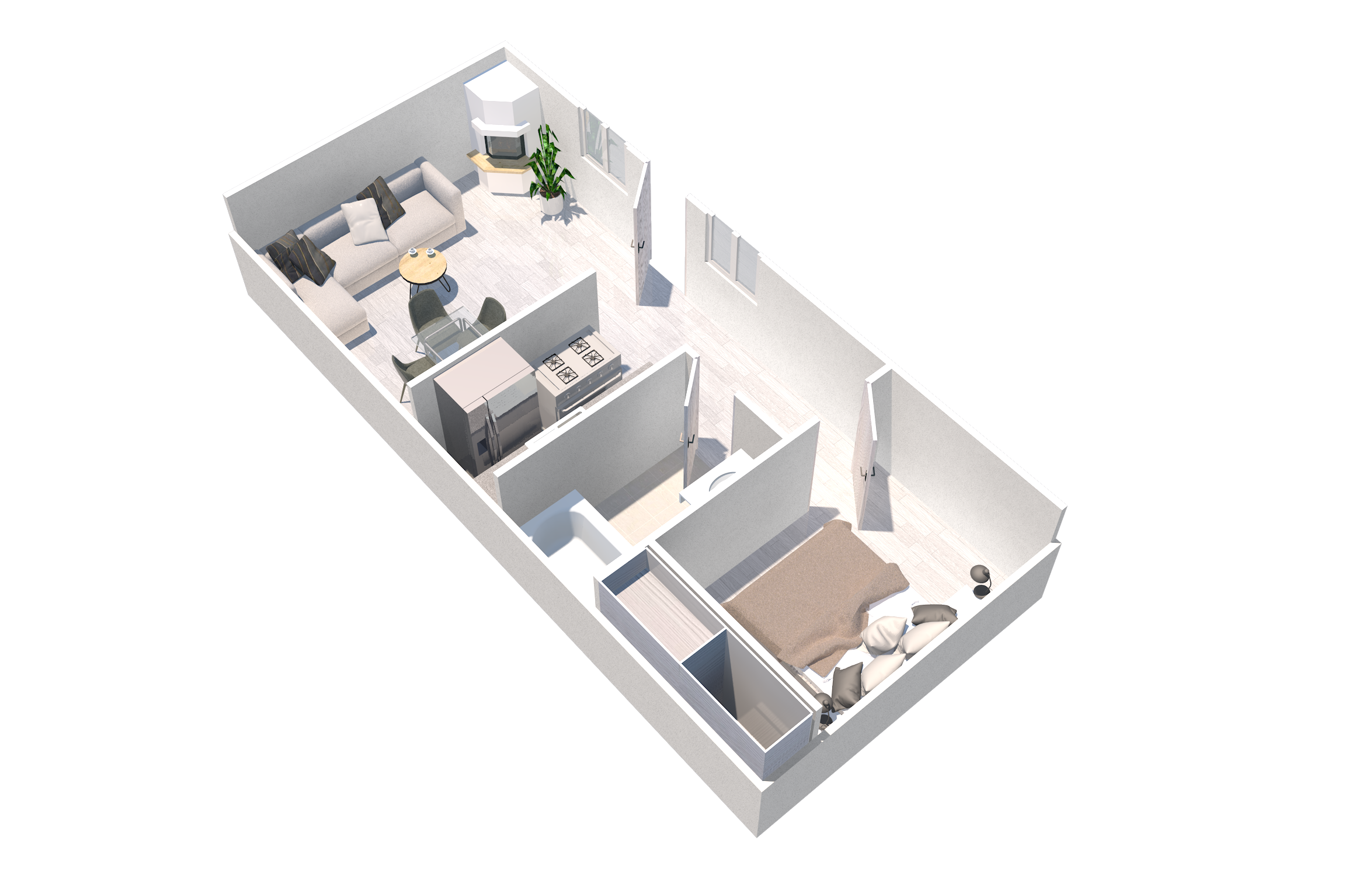 Floor plan for 1 bed, 1 bath, 672 sqft